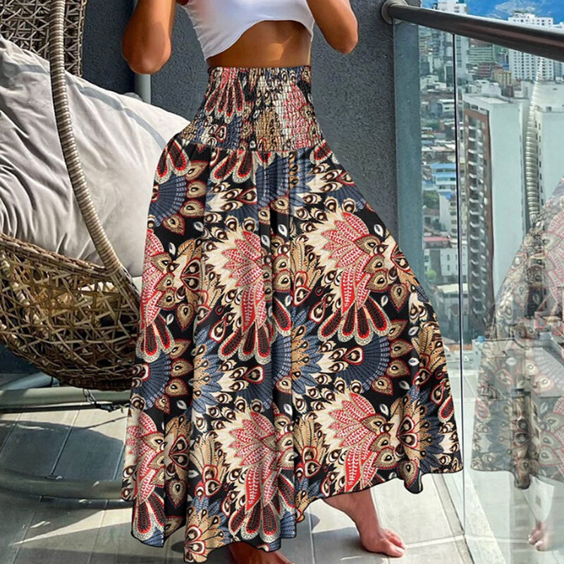 Falda larga Floral Bohemia para mujer, falda de medio cuerpo, suelta, informal, vacaciones, cintura alta, playa, vacaciones, fiesta