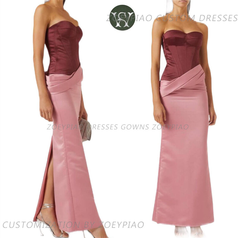 Sexy Red/Pink Satin Back Slit Prom Dresses Pleat Long Sleeveless Custom Casual Formal Evening Dress Women Party Gowns 2024