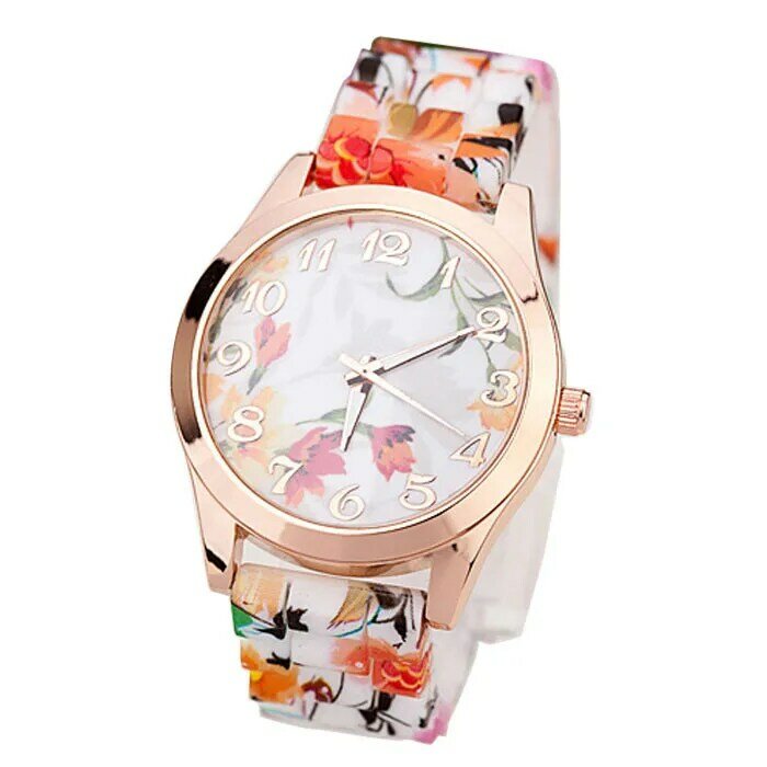 นาฬิกาข้อมือผู้หญิงนาฬิกาควอตซ์ลำลองลายดอกไม้ Jam Tangan anak perempuan ซิลิโคน