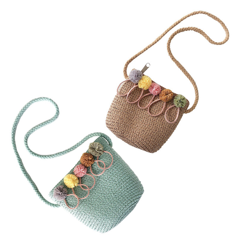 NEW-2 Pcs Girls Shoulder Bag Straw Rattan Weave Crossbody Bag Para Meninas Do Bebê Melhor (Verde Cáqui) 2