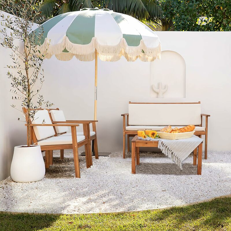 Meubles d'extérieur en bois d'acacia, siège de conversation avec table et coussins, chaises de porche pour balcon, terrasse, beige, 3/4 pièces