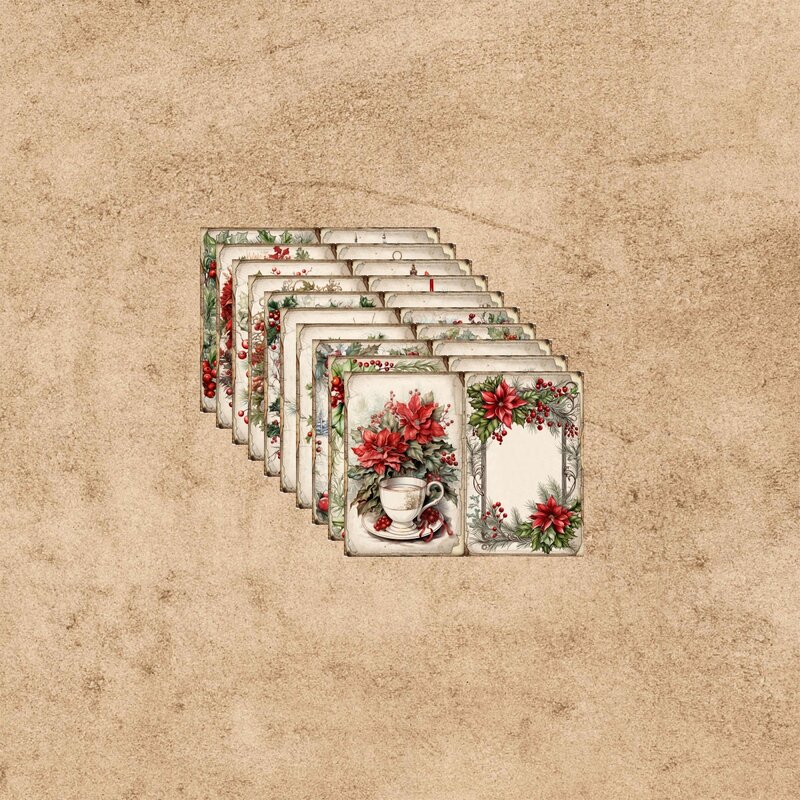 قصاصات فتاة عيد الميلاد خمر مع الزهور الحمراء الزاهية ، خلفية سانتا كلوز ، مجلة الجرونج ، التخطيط ، حجم A5 ، 10 ورقة
