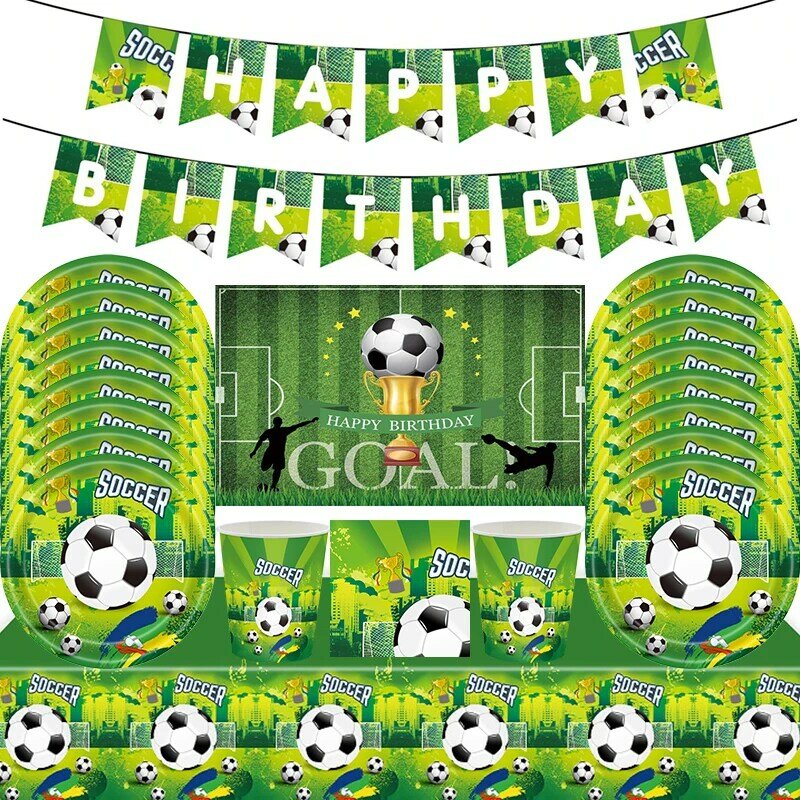Dekorasi Pesta Ulang Tahun sepak bola termasuk balon cangkir kertas piring kue Topper taplak meja spanduk untuk anak-anak laki-laki bayi mandi