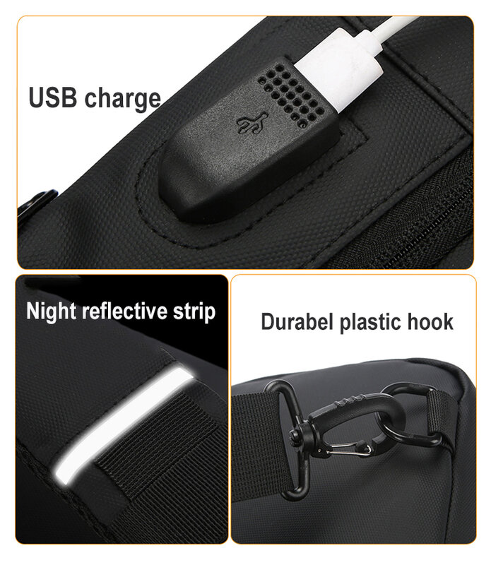 Bolsa de peito impermeável para homens, mochila crossbody, carregamento USB, viagem casual ao ar livre