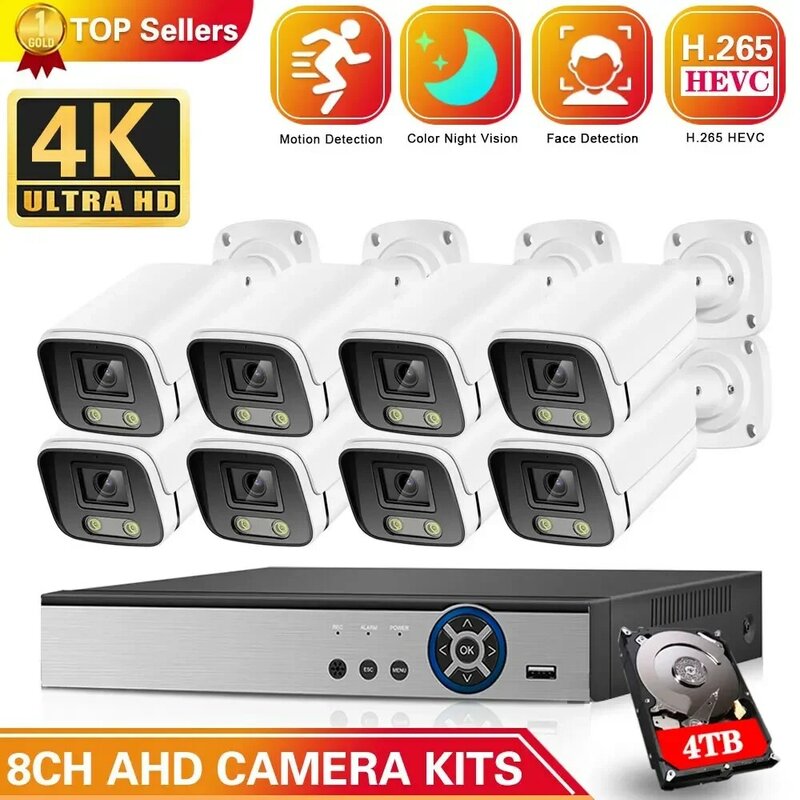 Sistema de cámaras de seguridad CCTV DVR de 8 canales, Kit de cámara analógica AHD, HD, 4K, 8MP, bala de Metal, impermeable, juego de videovigilancia inteligente