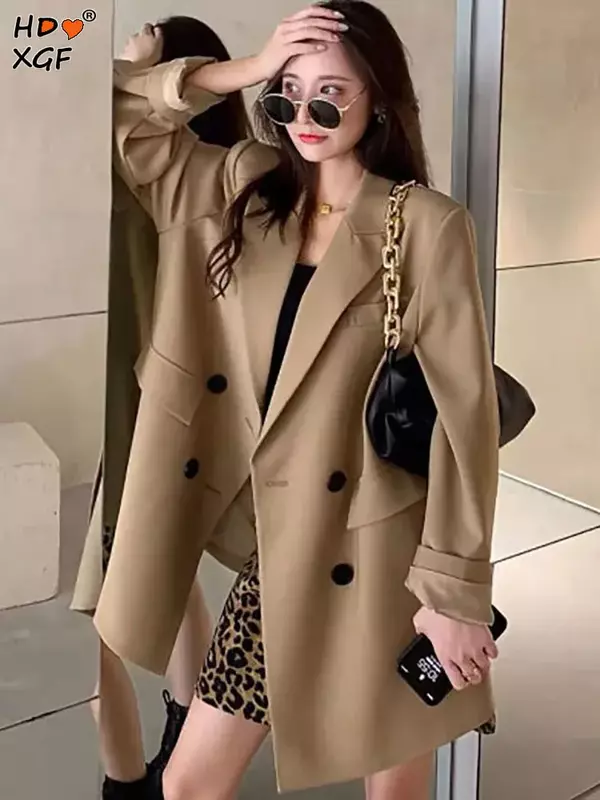 Jaqueta de terno de lapela trespassado feminino, jaqueta casual solta, tamanho grande, caqui, melhor-S 51USD