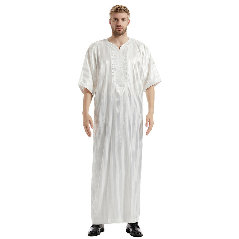 Streifen Muslimischen Männer Jubba Thobe Bestickt Zipper Taschen Robe Thoub Eid Ramadan Dubai Abaya Kleid Islamische Kleidung Arabischen Kaftan