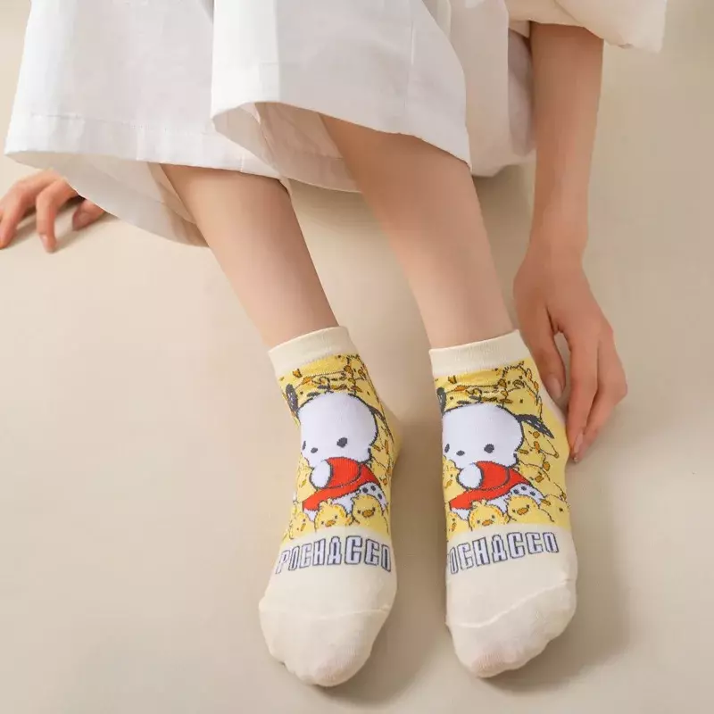 Sanrio kaus kaki Pochacco wanita, kaus kaki pendek kasual kartun Tube pendek lucu katun deodoran untuk pelajar perempuan