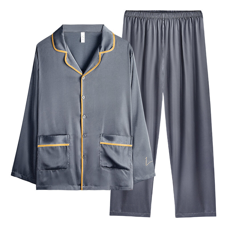Conjuntos de pijama de seda satinada para hombre, ropa de dormir de manga larga, conjunto de dos piezas de M-XXXL de yardas grandes con cuello en V, novedad de primavera
