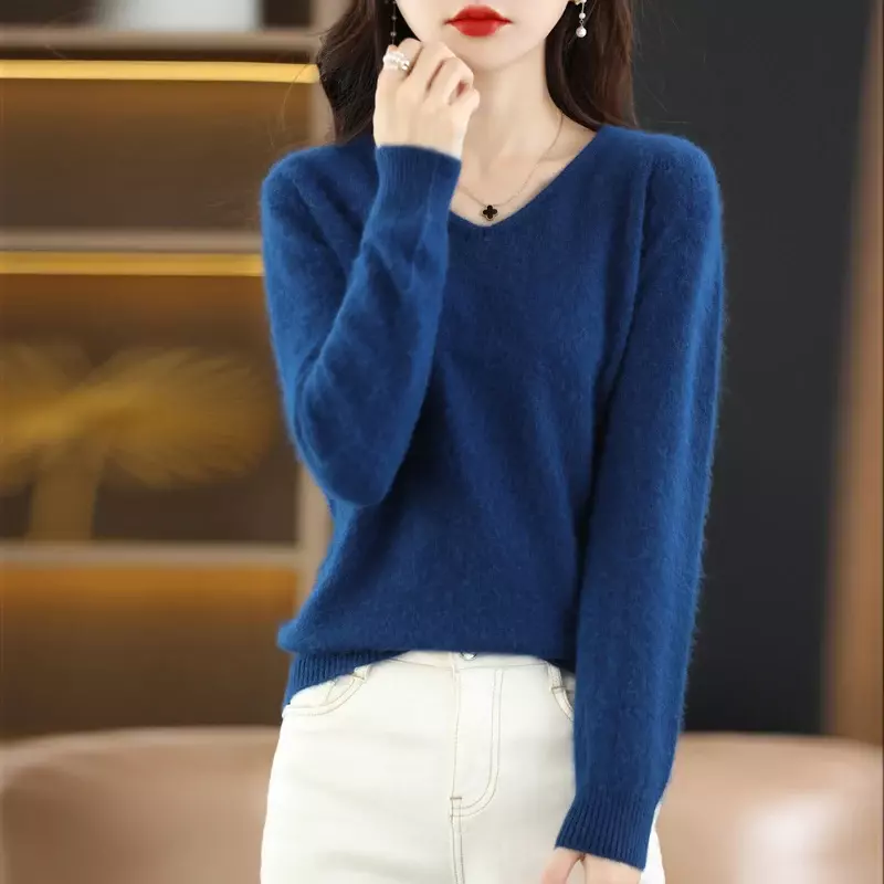 Women's 100% Mink Cashmere Pullover V-neck Solid Sweater Autumn Winter Keep Warm Casual Knitting Basic Fashion Large Top