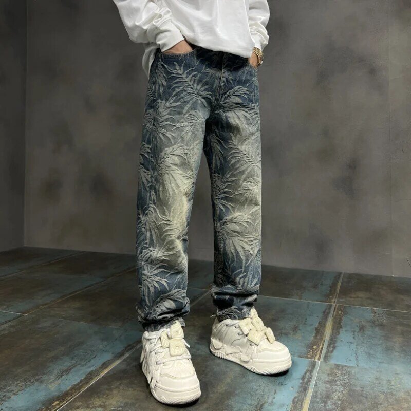 Celana jeans pria, gaya baru longgar pas nyaman tabung lurus cetak kasual trendi kaki lebar celana denim hip-hop