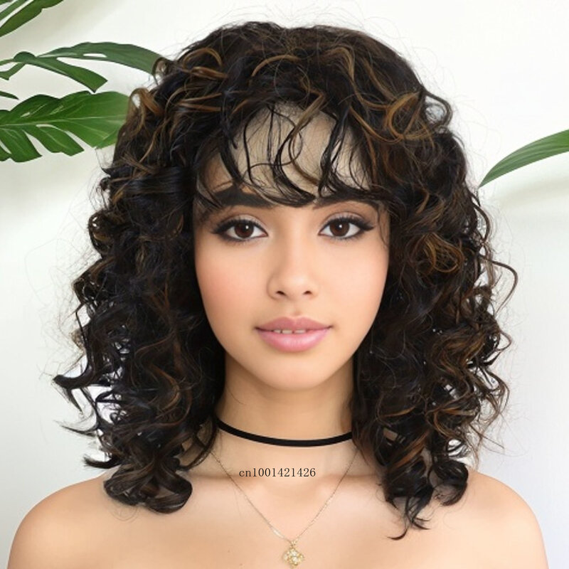 Synthetic Womens Wigs Mix Brown Curly Wig with Bang Shoulder Length Colly Wig Highlights Blonde Costume Carnival Party Sale Wigs