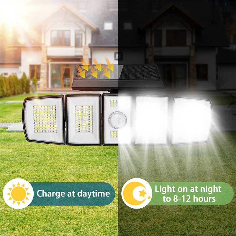 Luces solares con Sensor de movimiento para exteriores, lámpara de seguridad con 5 cabezales, 300 LED, impermeable, gran angular ajustable de 360 °