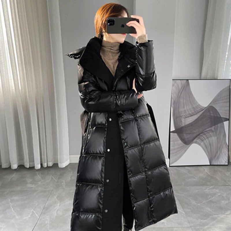 Winter Down Jacket Large Natural Fox Fur Collar Hooded Thick White Duck Down Coat Women Long Parka Female Overcoat With Belt