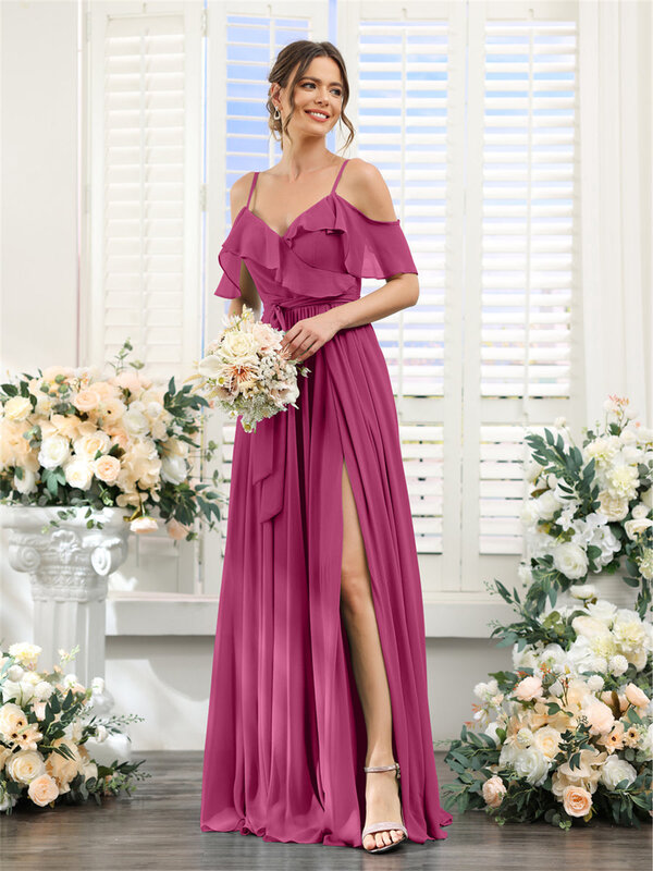 Gaun wanita Off-the-Shoulder sifon tali Spaghetti leher V, gaun pengiring pengantin dengan saku bentuk A panjang lantai gaun pesta Formal