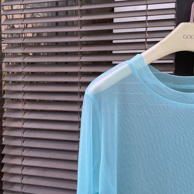 Candycolored malha bottoming camisa feminina verão gelo seda protetor solar de mangas compridas camiseta seção fina perspectiva proteção uv