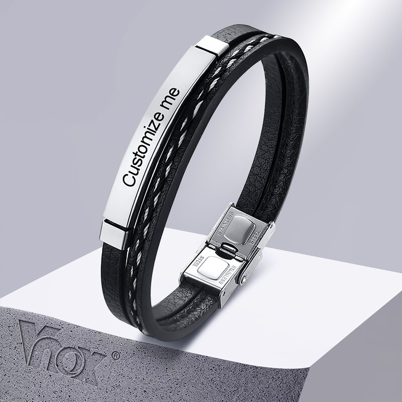 Vnox-Pulseiras de couro multicamada para homens e mulheres, gravação personalizada, aço inoxidável, pulseira personalizada casual