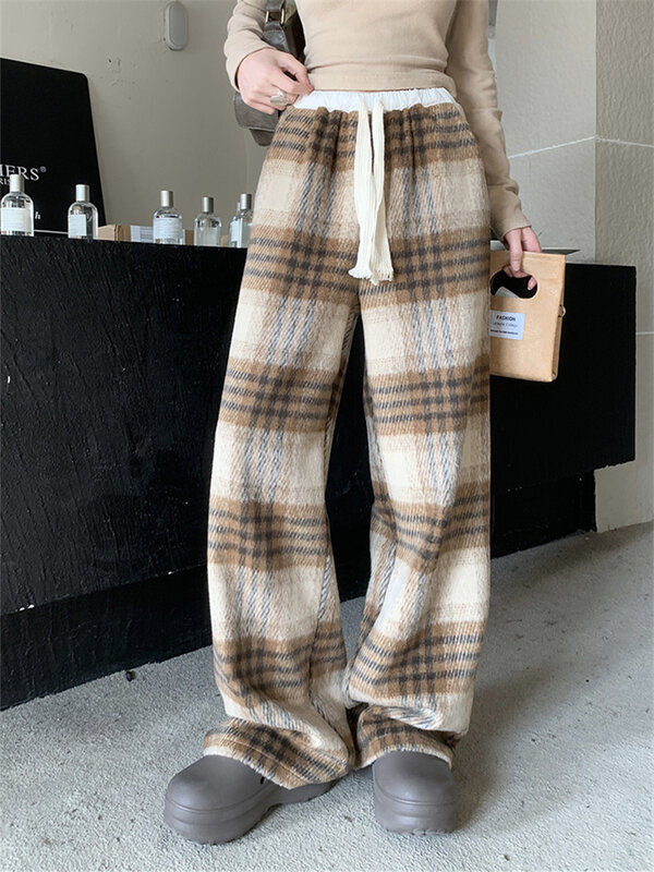 PLAMTEE 2024 Plaid High Street Loose Trousers Women Chic Vintage Plush Wide Leg Straight Winter Daily Casual Office Lady New