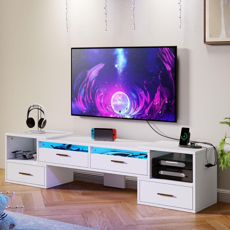 Dudukan TV berubah bentuk, colokan listrik & Strip LED, pusat hiburan DIY Modern berputar bebas untuk TV 45-75 inci
