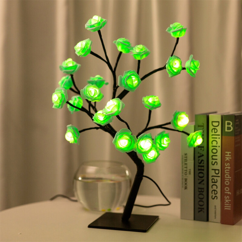 Veilleuses décoratives LED dégradées, alimentation USB, rose artificielle, branche d'arbre, lampe de bureau pour mariage, décor de la journée de Léon