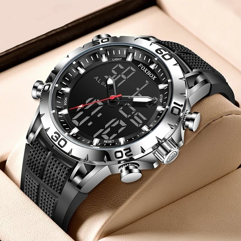 FOXBOX-Relógio de quartzo com display duplo masculino, relógios esportivos, militar, relógio impermeável, digital, eletrônico, luxo, marca superior