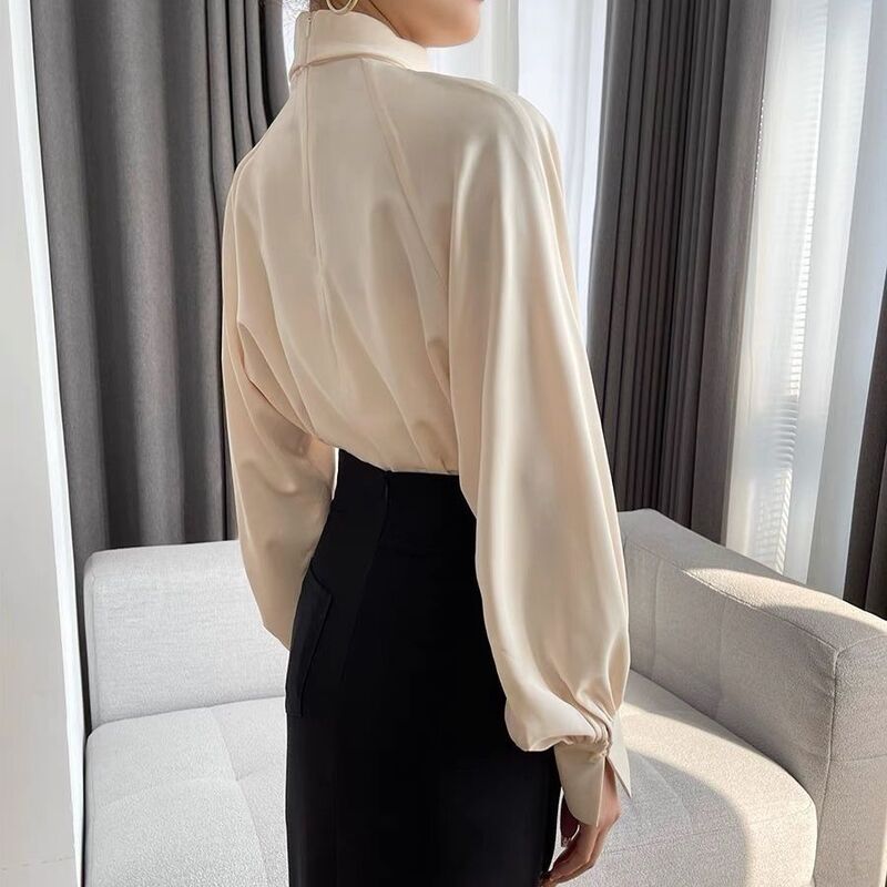 Camisa francesa de cuello alto para mujer, camisa ligera y ondulada de Color sólido, diseño suave, calado, cómodo, manga abullonada, primavera, 2024