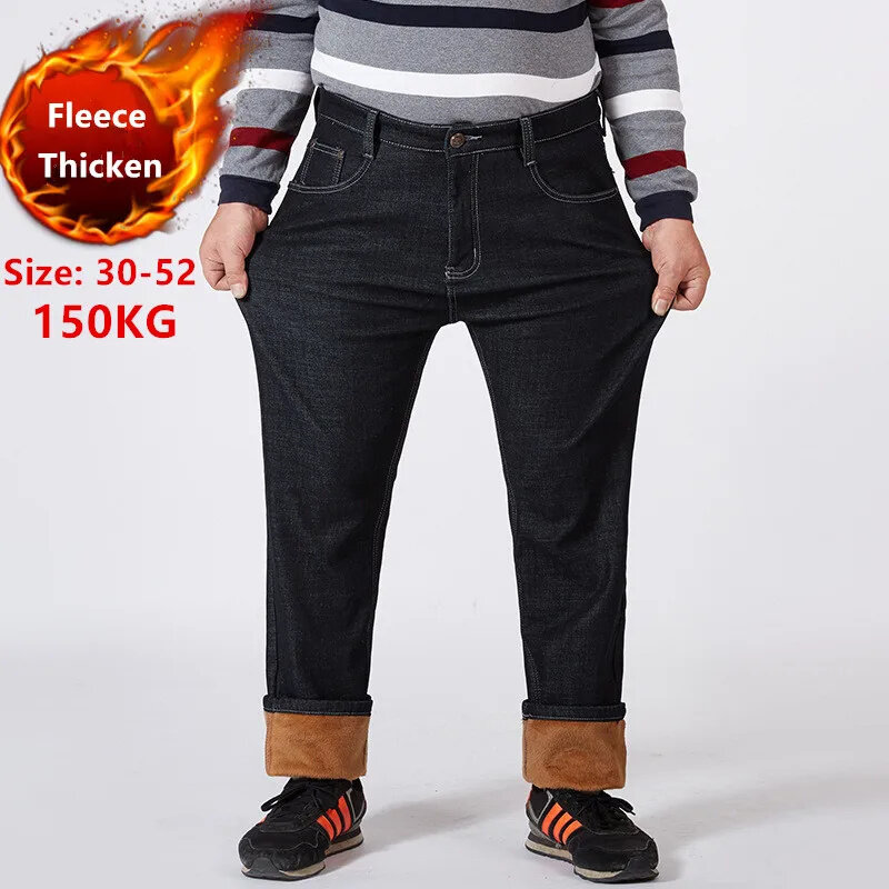 Celana Jeans musim dingin pria, Denim hangat ukuran besar 42 46 48 50 52 150KG, celana hitam elastis pinggang tinggi, celana bulu tebal