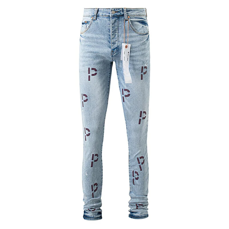 Jeans di marca ROCA viola di alta qualità ricamati lettera P pantaloni americani alla moda e slim a gamba dritta