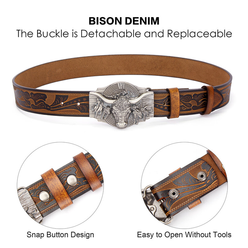 Bison Denim Western Gürtel für Frauen Männer Cowboys Cowgirls Carving Ledergürtel mit Bullhead Schnallen für Jeans Hosen