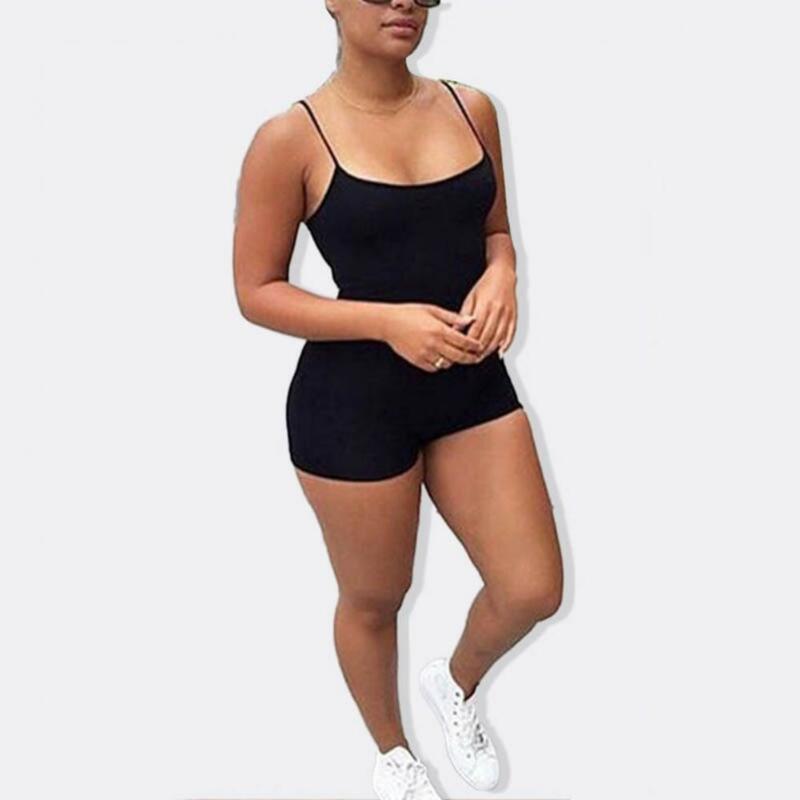 Macacão sem mangas com cinta de espaguete feminino, bodysuit sexy feminino, shorts, bodycon, esportes