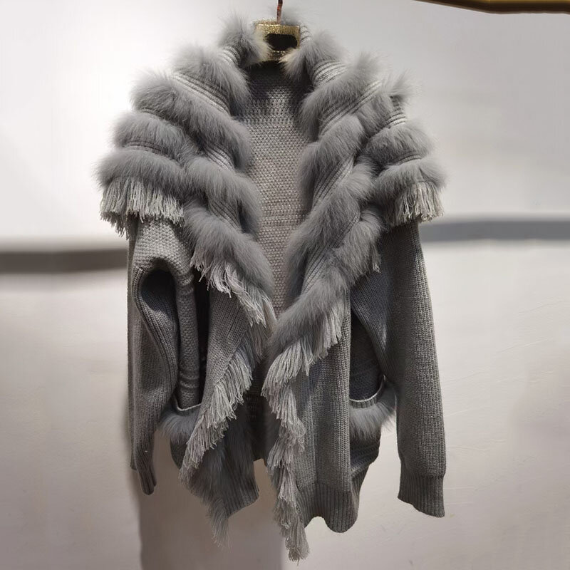 Frauen plus Größe echte Fuchs Pelz Strick mantel weibliche Langarm Winter mode echte lange Strickjacke Outwear echtes Fell
