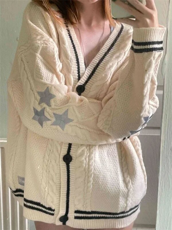 Deeptown Y2K Vintage Star Knitted Cardigan Women Autumn Tay Button Up Long Sleeve Tops Preppy Oversized Sweater Retro Aesthetic