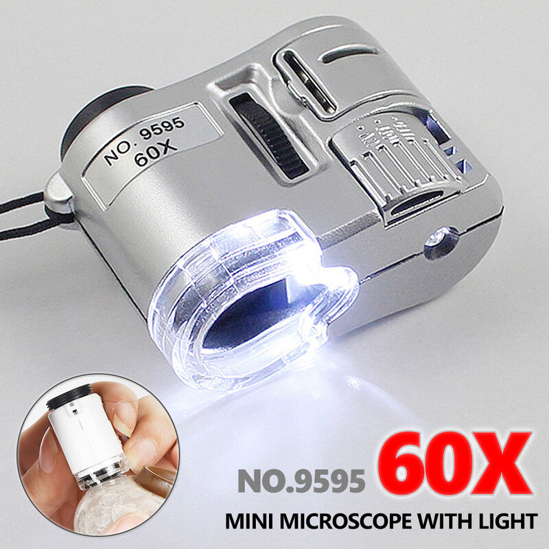 Lupa iluminada 60x com lâmpada led, mini microscópio de bolso, lupa de joalheiro portátil, ferramentas lupa