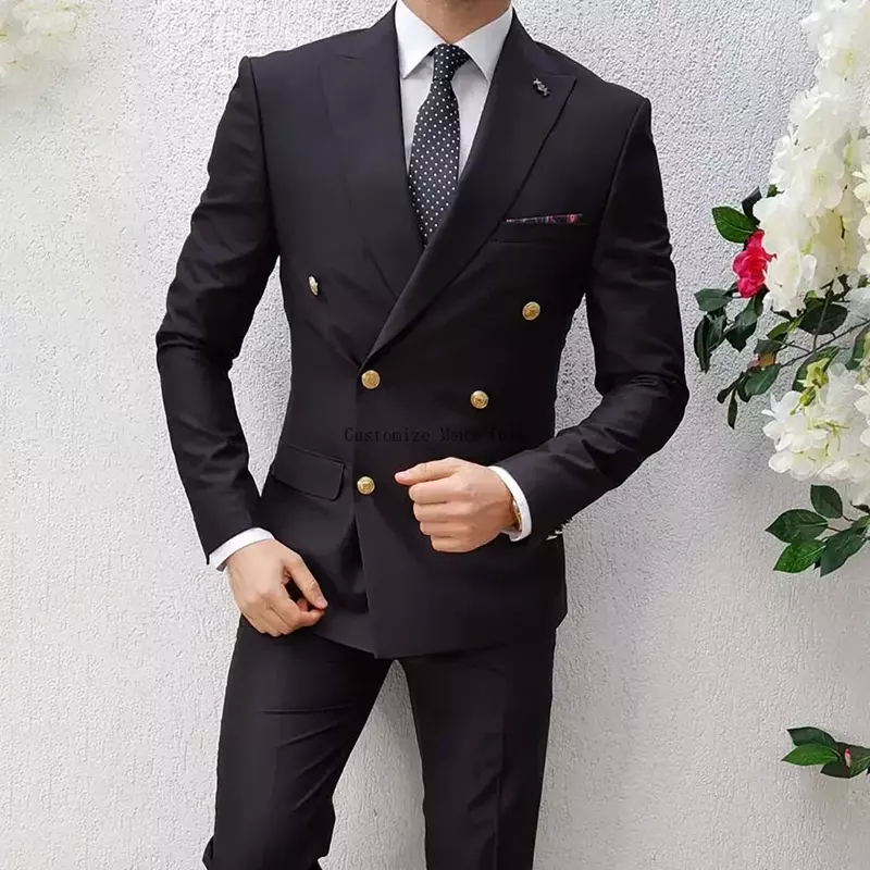 Black Suits for Men Fashion Peak Lapel Double Breasted 2 Piece Smart Casual Formal Wedding Tuxedo Blazer with Pants