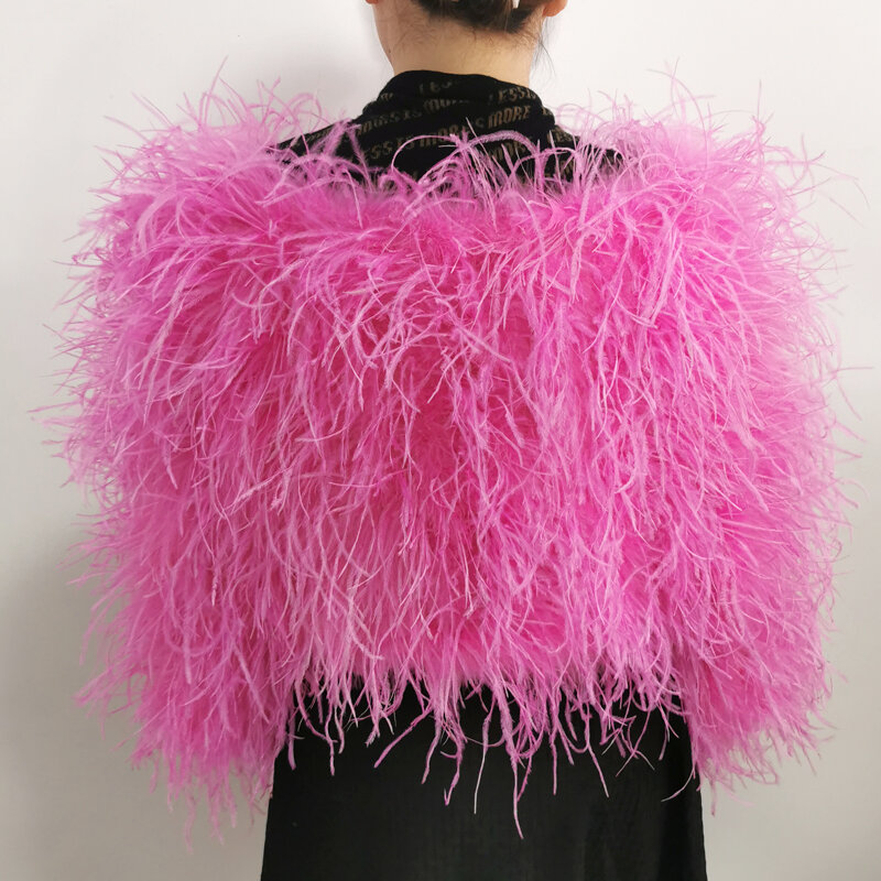 Abrigo corto con cuello de barco y plumas de avestruz para mujer, chaqueta sexy con hombros descubiertos, longitud de 40 cm, 100%