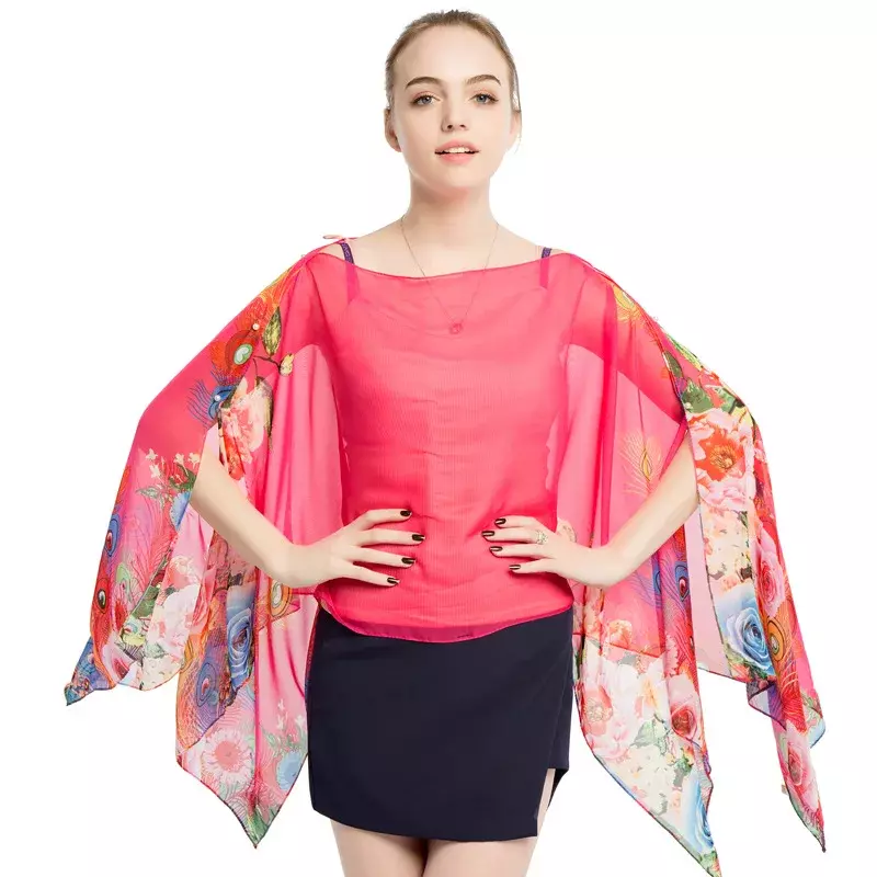 2024 neue Sommer Frauen Sonnenschirm gedruckt Seiden schal kreative Perle Schnalle Pullover Chiffon Shirt Sonnenschutz Schal Rose rot