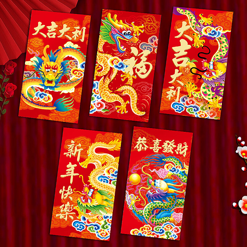 Estilo chinês Envelopes decorativos, pacote de ano novo vermelho chinês, bolsa padrão dragão, papel presente, saco de dinheiro sorte, desenhos animados, 5 pcs, 6pcs