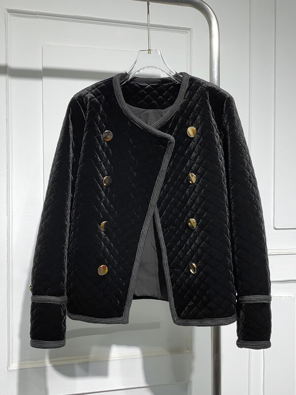 Abrigo acolchado de algodón y terciopelo con rombos para mujer, traje corto ajustado y elegante con doble botonadura, moda de invierno, novedad de 2023