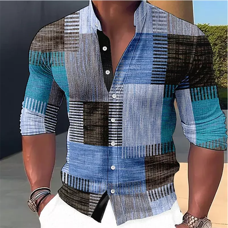 Camisa de costura Retro para hombre, cuello levantado degradado, ropa de calle al aire libre, botón de manga larga, S--6XL transpirable informal de diseñador