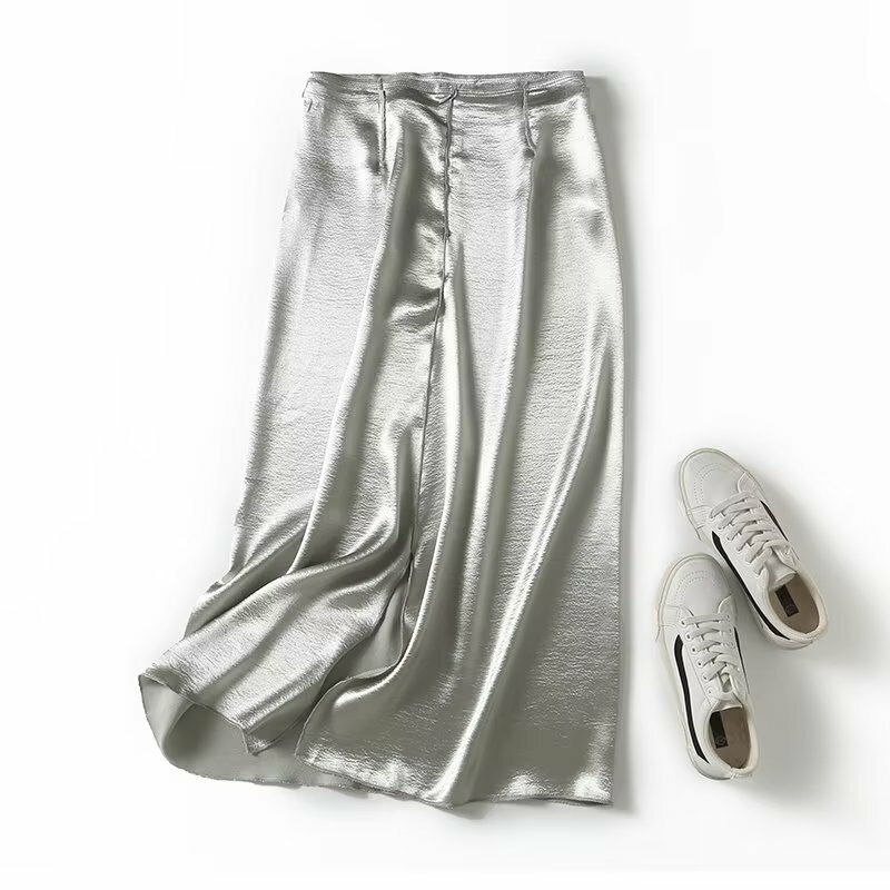 Jenny & Dave 2023 Kantoor Dames Hoge Taille Rechte Midi Rok Vrouwen Nieuwe Britse Mode Elegante Zilveren Satijnen Rok