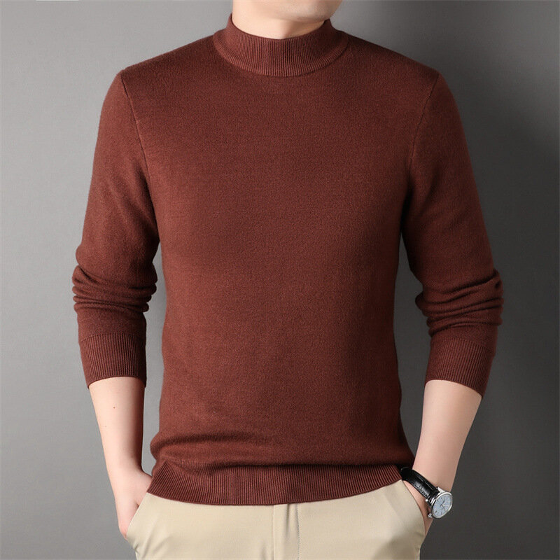 Sweater rajut untuk pria, Sweater rajut warna polos mode ramping kualitas tinggi dasar Turtleneck musim dingin baru