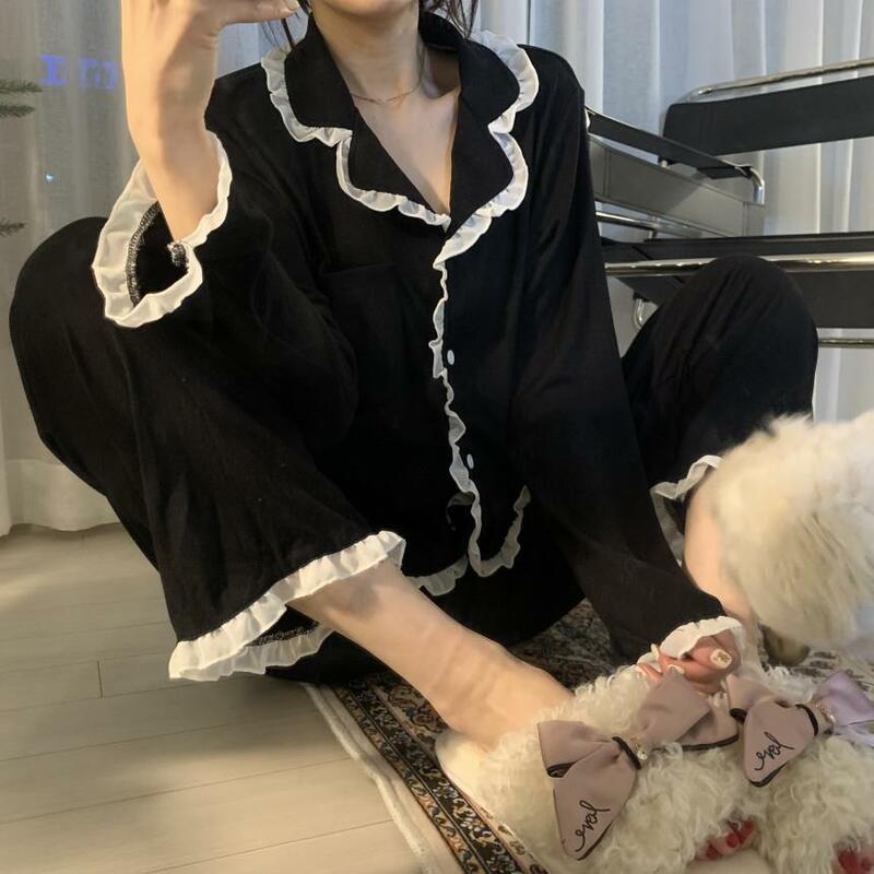 Black Pajamas Women'S Autumn Winter Korean Version Instagram Lace Cute Soft Comfortable Long Sleeved Pants Set For Women'S