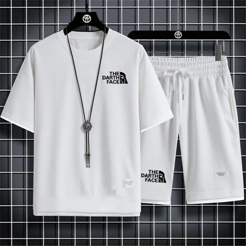 Shorts e camiseta de manga curta masculina, tecido poliéster, casual, solto, moda verão, conjunto 2 peças