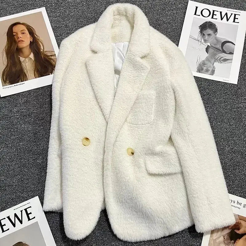 Weiße Frauen Anzüge 1 Stück Blazer Lammhaar formelle Büro Dame Business Arbeit tragen Mode Mädchen Mantel Jacke Outfit Ballkleid