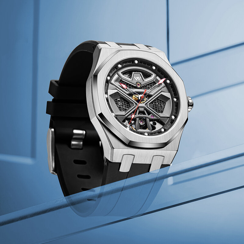 Welly Merck Automatische Mechanische Horloges Waterbestendig voor Mannen, Roestvrij Stalen Racing Speed Serie, Saffier Achthoekig Frame Horloge