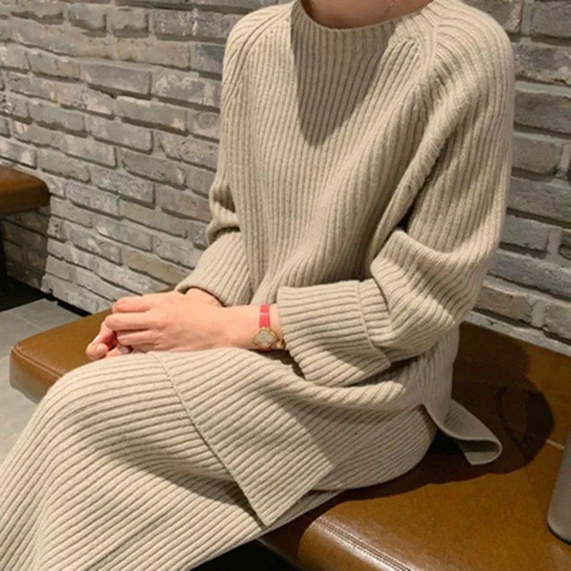 Fatos de malha grossa de 2 peças para mulheres, calças largas, conjuntos de suéter solto, cintura elástica, casual e elegante, quente e elegante, inverno