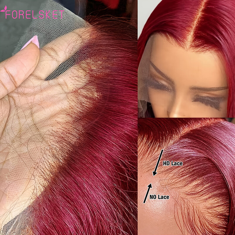 Perruques de cheveux humains Bob courts transparents pour femmes, perruque avant en dentelle rouge droite, perruque péruvienne pré-plumée, 99J Bourgogne HD, 13x4