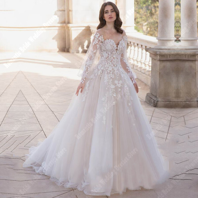 Elegant Ivory A-Line Women Wedding Dresses Romantic Tulle Surface Bridal Gowns Lace Printing Princess Backless Vestidos De Novia
