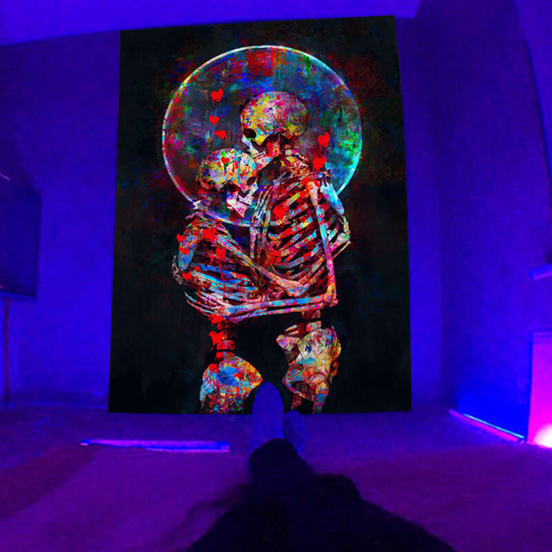 Szkielet i grzyb fluorescencyjny gobelin dekoracja domu estetyka hipisowski pokój sypialnia
