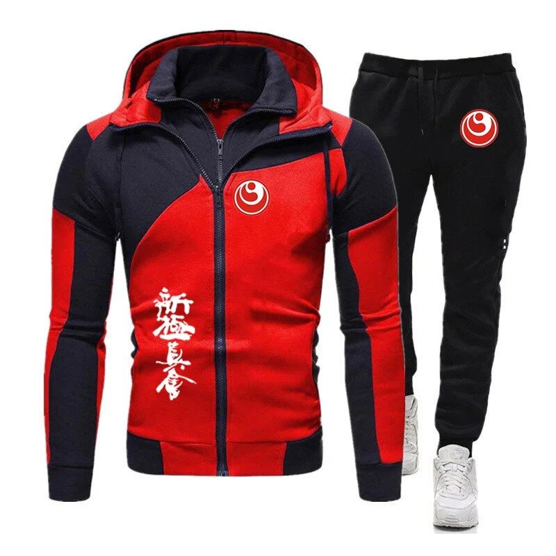 Kyokushin Karate Men Printing Spring and Autumn Hoodie Tracksuit Hooded Tops + Pants Fashion Diagonal Zipper Two-piece Suit